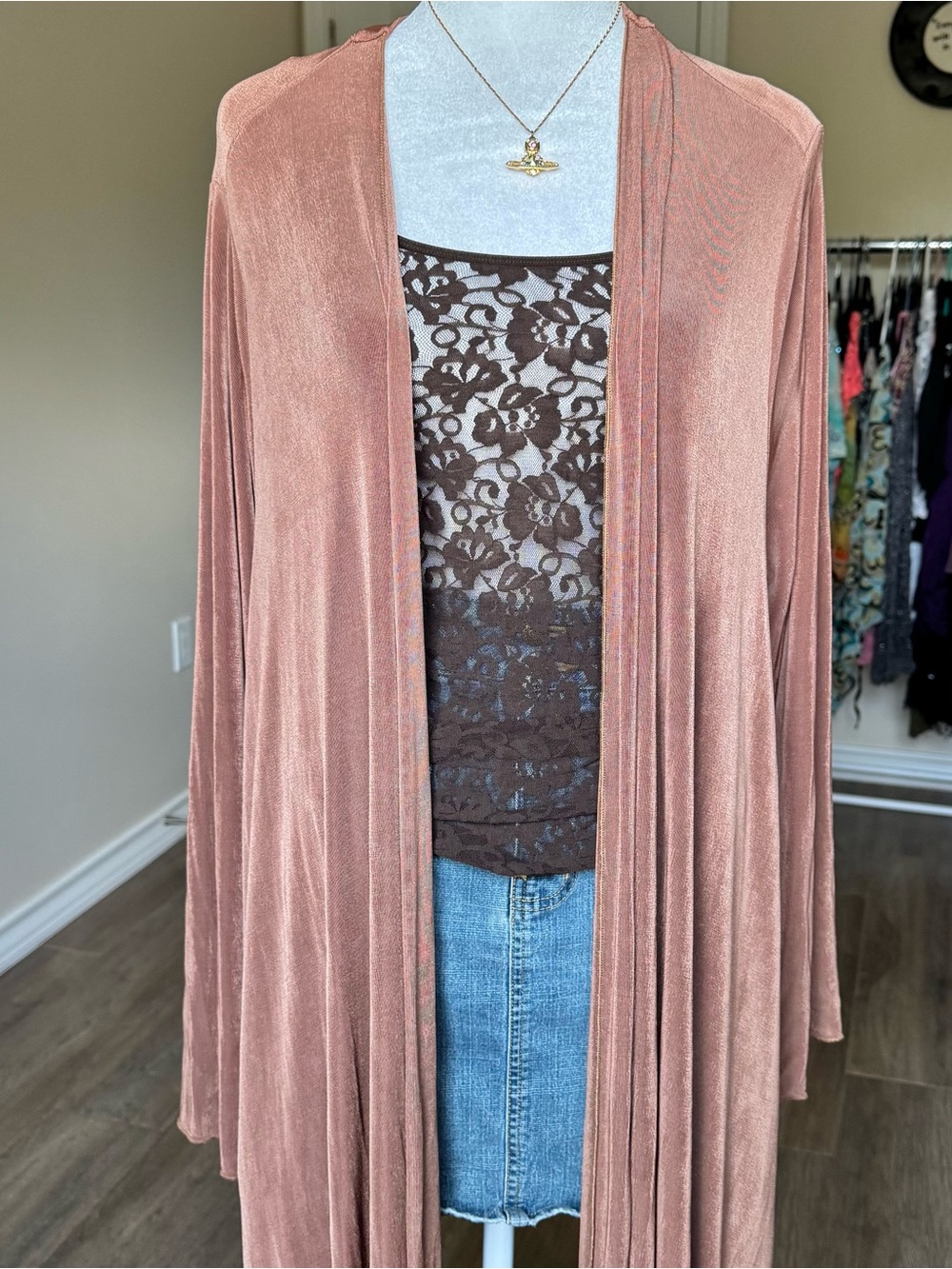 Brown Long Open-Front Metallic Boho Women's 1X Fall Western Draped Cardigan